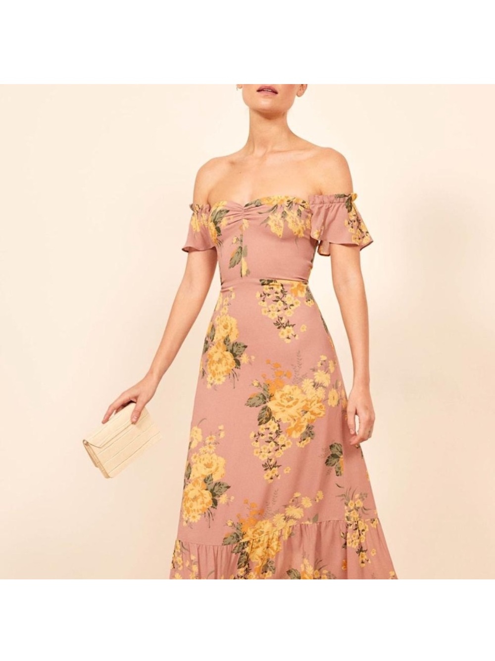 Reformation Mauve Pink Floral Maxi Dress with Yellow Roses